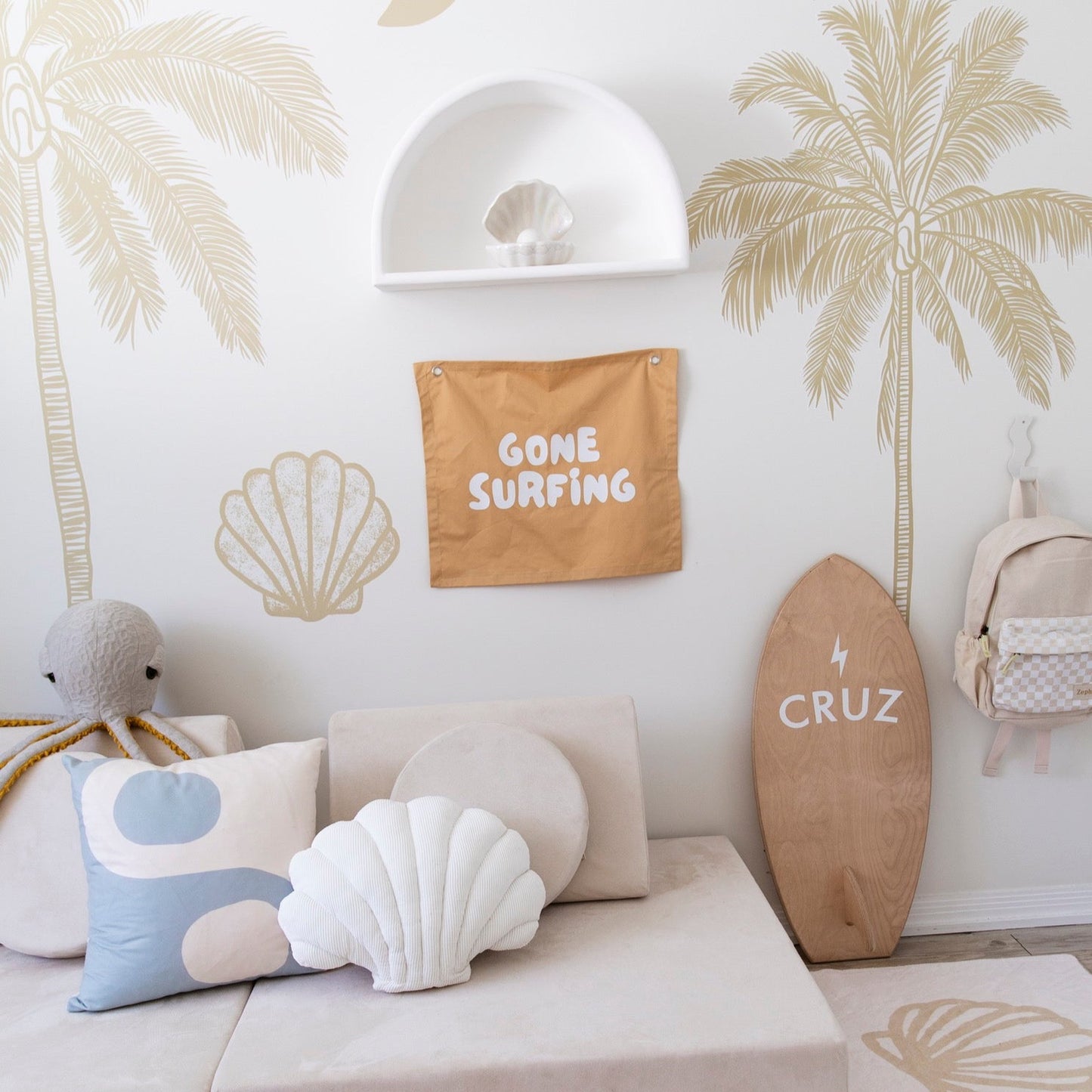 Gone surfing banner. Surf Boys bedroom styling. Boys surf bedroom decor. Boys surf bedroom wall banner. Boys surf room inspo. Beach boys bedroom inspo. Beach boys bedroom ideas. Coastal boys bedroom banner. Boys wall banner. Ocean boys bedroom decor.