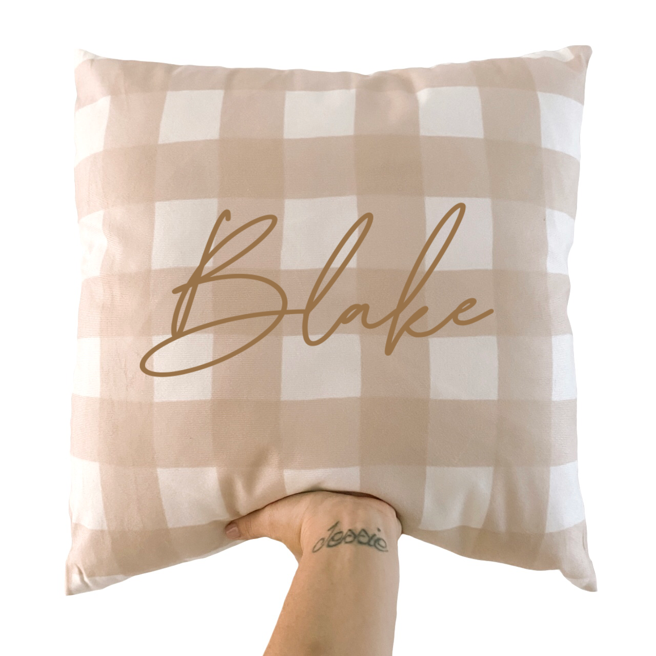 Personalised neutral gingham cushion cover