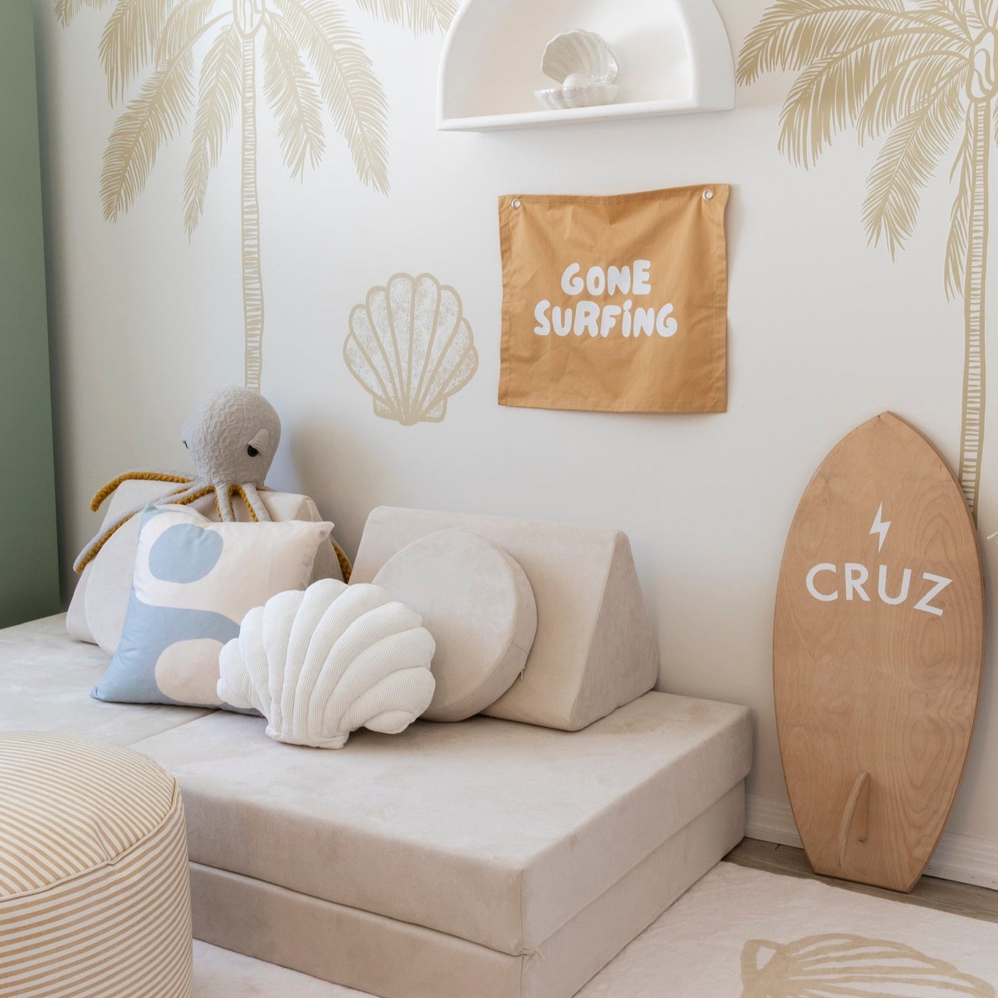 Surf Boys bedroom styling. Boys surf bedroom decor. Boys surf bedroom wall banner. Boys surf room inspo. Beach boys bedroom inspo. Beach boys bedroom ideas. Coastal boys bedroom banner. Boys wall banner. Ocean boys bedroom decor. Gone surfing banner