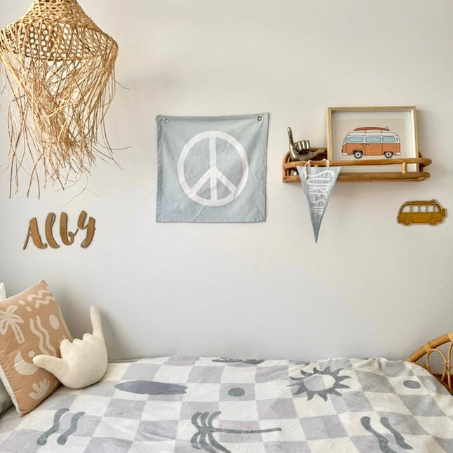 Surf Boys bedroom styling. Boys surf bedroom decor. Boys surf bedroom wall print. Boys surf room inspo. Beach boys bedroom inspo. Beach boys bedroom ideas. Coastal boys bedroom print. Boys wall banner. Ocean boys bedroom decor. Kombi van wall print.