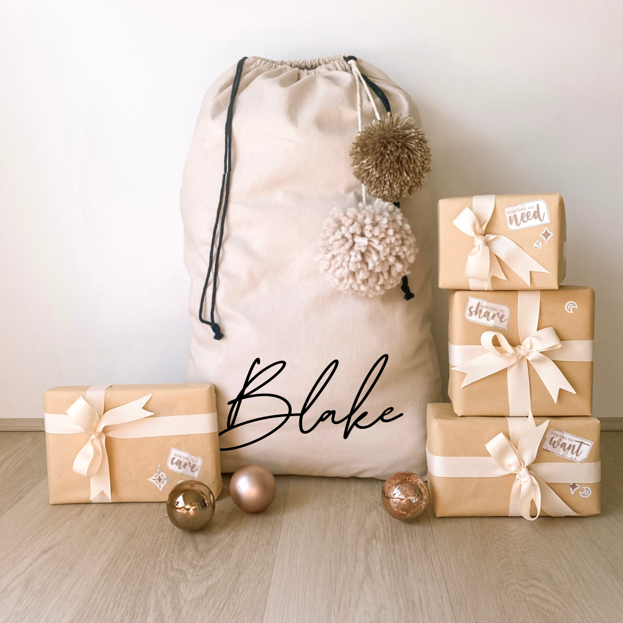 Vintage Christmas sack. Vintage Santa sack. Personalised pom Pom Christmas canvas Santa sack. Custom Christmas neutral Pom Pom present sack. Minimalist pom Pom Christmas sack. Cottagecore Name Christmas Santa sack. Personalised beige sack with Pom Poms. Personalised Cottagecore neutral santa sack.