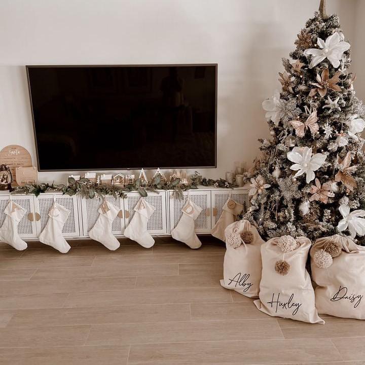 Vintage Christmas sack. Vintage Santa sack. Personalised pom Pom Christmas canvas Santa sack. Custom Christmas neutral Pom Pom present sack. Minimalist pom Pom Christmas sack. Cottagecore Name Christmas Santa sack. Personalised beige sack with Pom Poms. Personalised Cottagecore neutral santa sack.