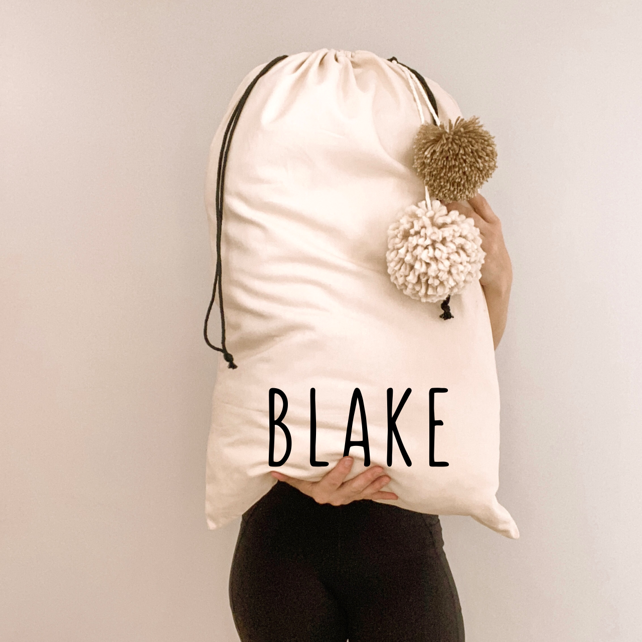 Vintage Christmas sack. Vintage Santa sack. Personalised pom Pom Christmas canvas Santa sack. Custom Christmas neutral Pom Pom present sack. Minimalist pom Pom Christmas sack. Cottagecore Name Christmas Santa sack. Personalised beige sack with Pom Poms. Personalised Cottagecore neutral santa sack.