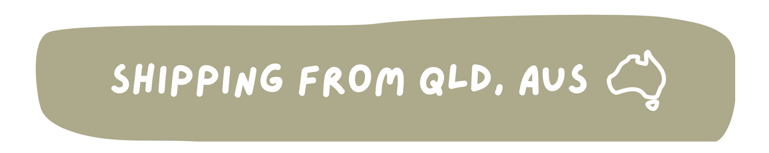 A beige rounded banner with white text reading 'SHIPPING FROM QLD, AUS' and a small white outline of the Australian map.