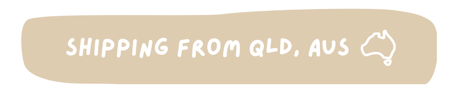 A beige rounded banner with white text reading 'SHIPPING FROM QLD, AUS' and a small white outline of Australia.