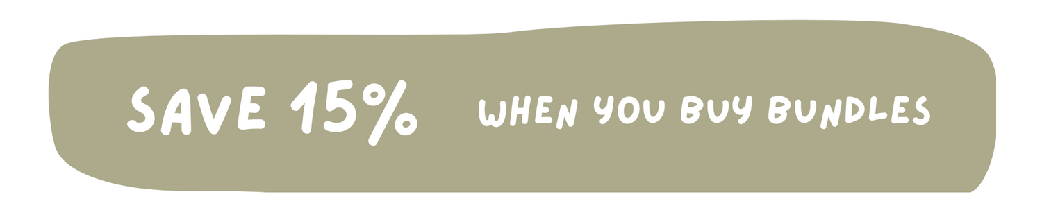 A promotional banner with a muted olive-beige rounded rectangle containing the text 'SAVE 15% WHEN YOU BUY BUNDLES' in white handwritten-style lettering.