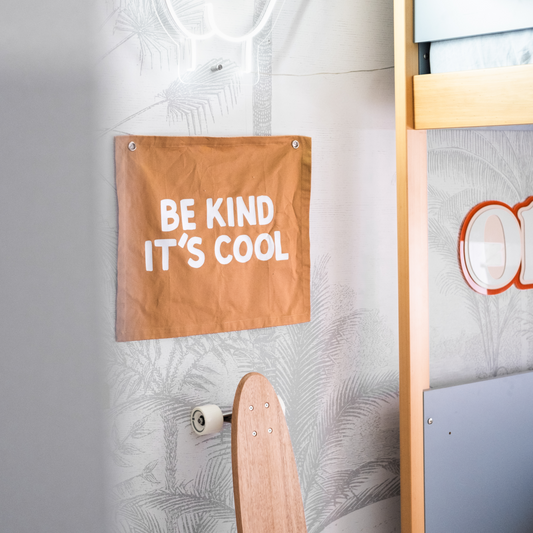 Brown neutral be kind its cool wall banner. Be kind its cool wall flag. Be kind its cool bedroom banner. Boys playroom banner. Boys playroom wall flag. Boys bedroom styling. Boys bedroom wall decor. Boys wbedroom inspo. Boys bedroom decor ideas. 7 year old bedroom ideas. 10 year old bedroom ideas. 12 year old bedroom ideas. Neutral tan bedroom decor. Gender neutral kids room.