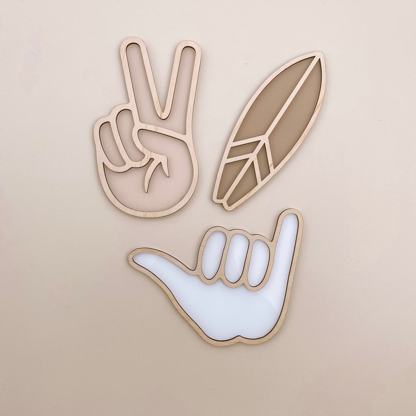 Shaka wall decor. Wooden Shaka sign. Acrylic Shaka sign. Timber peace sign. Acrylic peace hand decor. Timber surfboard decor. Acrylic surf board wall decor. Coastal kids decor. Beach inspired boys bedroom. Boys beach wall decor. Coastal kids wall decor. Hang loose wall decor. Hang loose timber sign. Rental friendly kids decor. Coastal nursery decor.