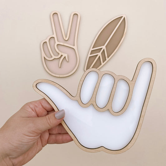 Shaka wall decor. Wooden Shaka sign. Acrylic Shaka sign. Timber peace sign. Acrylic peace hand decor. Timber surfboard decor. Acrylic surf board wall decor. Coastal kids decor. Beach inspired boys bedroom. Boys beach wall decor. Coastal kids wall decor. Hang loose wall decor. Hang loose timber sign. Rental friendly kids decor. Coastal nursery decor.