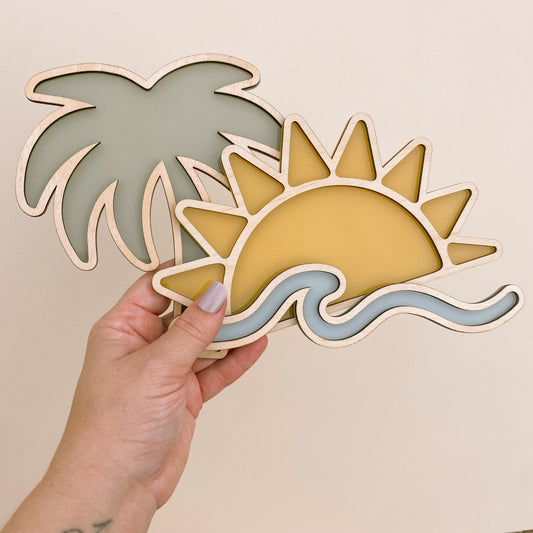 Palm tree wall decor. Wooden palm tree sign. Acrylic palm tree sign. Timber sun sign. Acrylic sun decor. Timber wave decor. Acrylic wave wall decor. Coastal kids decor. Beach inspired boys bedroom. Boys beach wall decor. Coastal kids wall decor. Wave wall decor. Beach timber wall decor. Rental friendly kids decor. Coastal nursery decor.