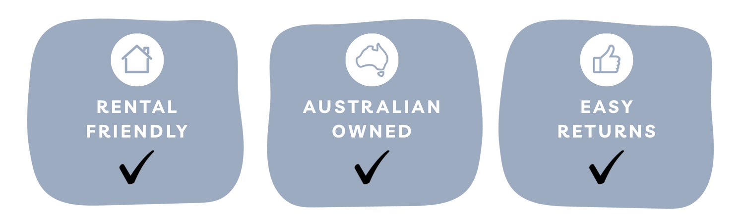 Three rounded blue-gray feature badges on a white background, each with a white icon and text: 'RENTAL FRIENDLY,' 'AUSTRALIAN OWNED,' and 'EASY RETURNS,' with check marks below.