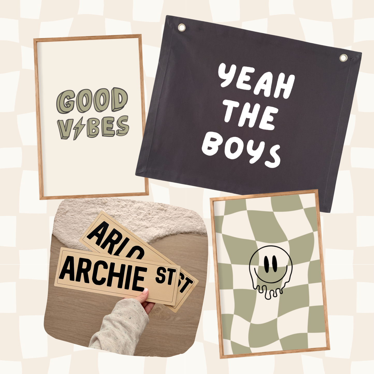 Four framed wall art prints arranged on a light beige checkered background. The prints feature retro-style graphics: one cream print with olive-green text reading 'GOOD VIBES', one dark charcoal print with white text reading 'YEAH THE BOYS', one tan print with black text reading 'ARIZ ARCHIE ST.