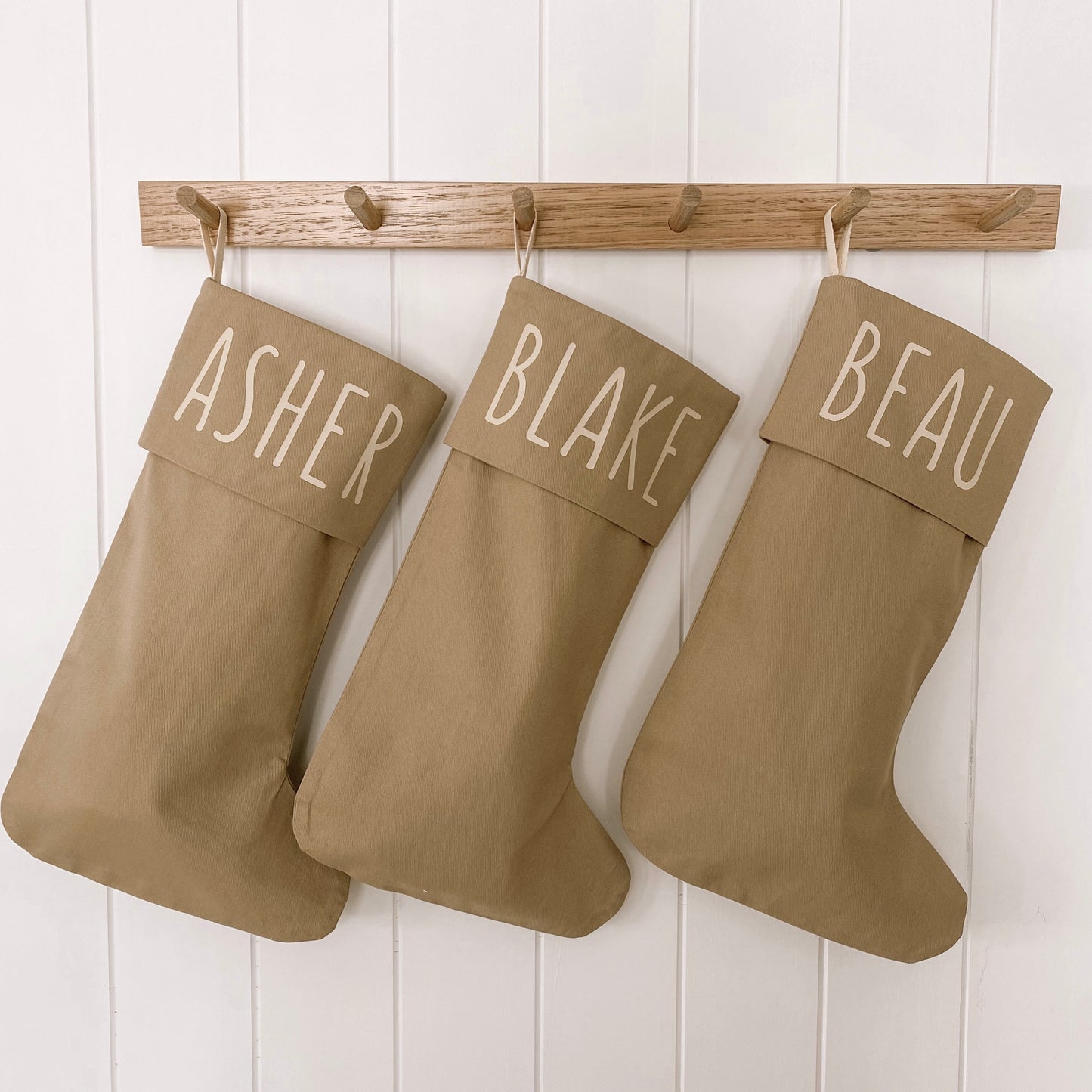 Personalised Christmas canvas stocking. Custom Christmas neutral stocking. Minimalist Christmas stocking. Name Christmas stocking. Personalised tan stocking. Personalised cotton neutral stocking.