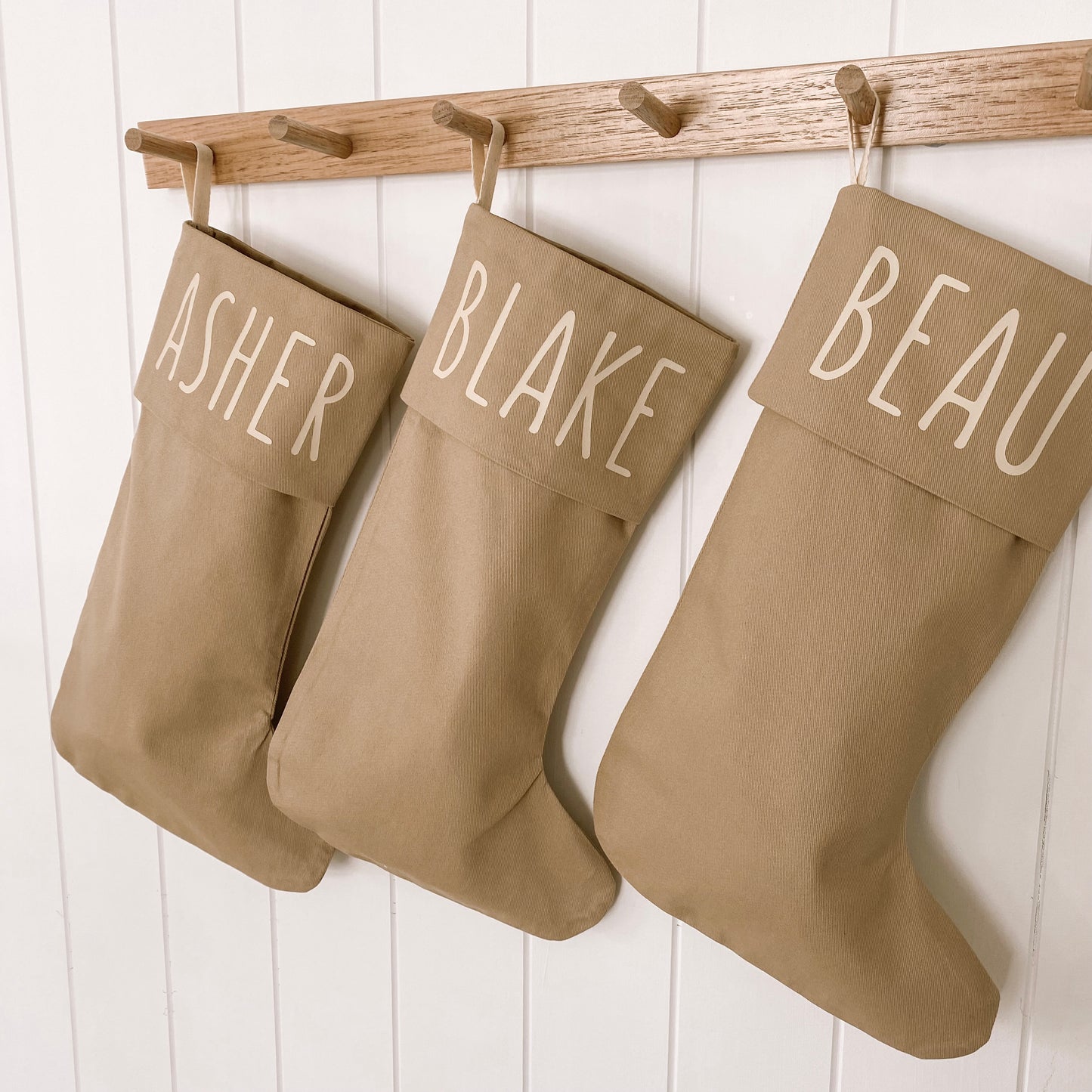 Personalised Christmas canvas stocking. Custom Christmas neutral stocking. Minimalist Christmas stocking. Name Christmas stocking. Personalised tan stocking. Personalised cotton neutral stocking.