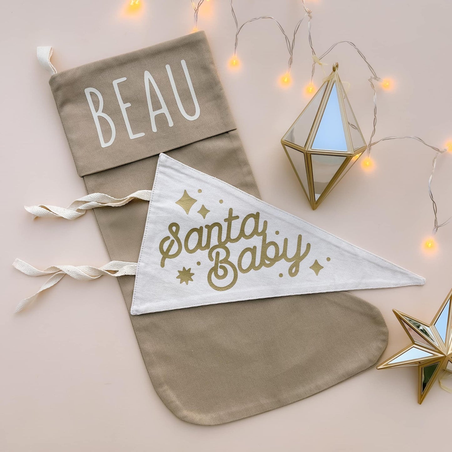 Personalised Christmas canvas stocking. Custom Christmas neutral stocking. Minimalist Christmas stocking. Name Christmas stocking. Personalised tan stocking. Personalised cotton neutral stocking.