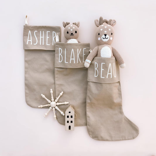 Personalised Christmas canvas stocking. Custom Christmas neutral stocking. Minimalist Christmas stocking. Name Christmas stocking. Personalised tan stocking. Personalised cotton neutral stocking.
