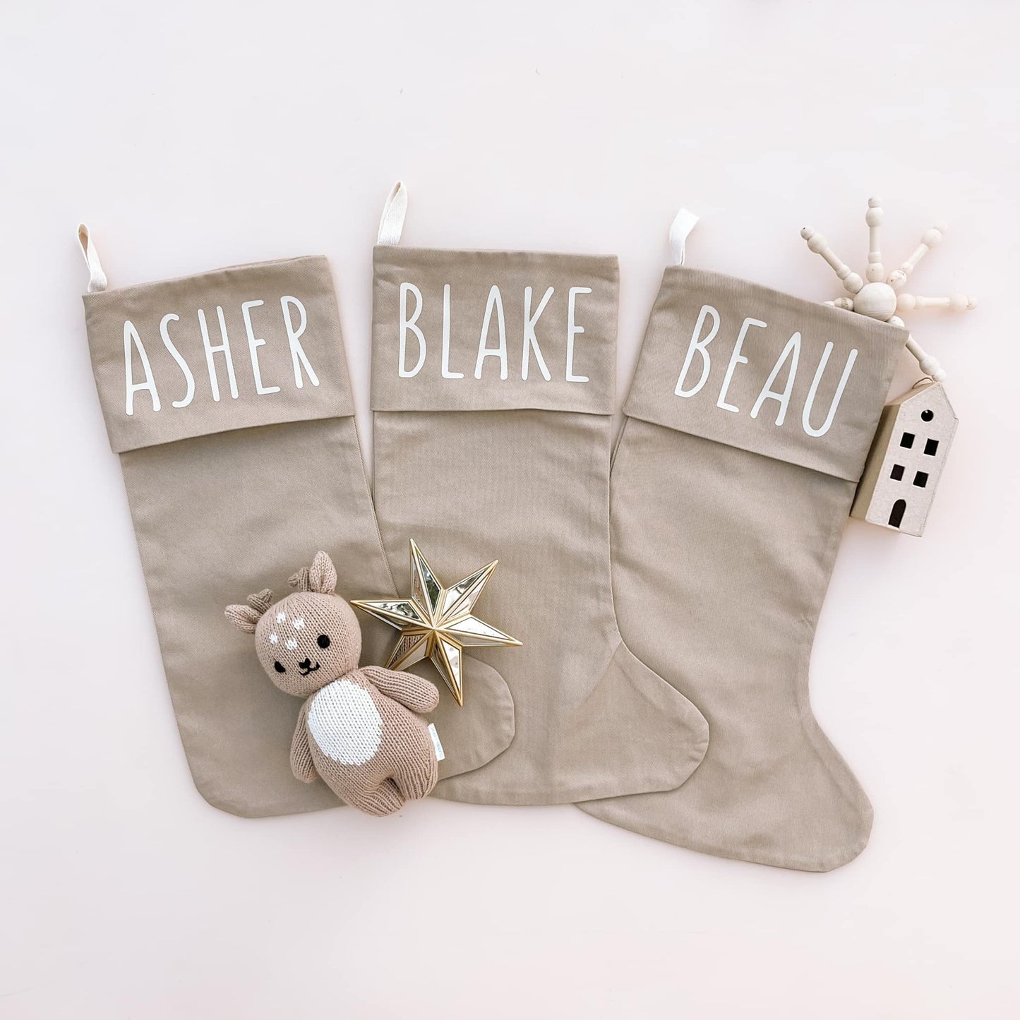 Personalised Christmas canvas stocking. Custom Christmas neutral stocking. Minimalist Christmas stocking. Name Christmas stocking. Personalised tan stocking. Personalised cotton neutral stocking.