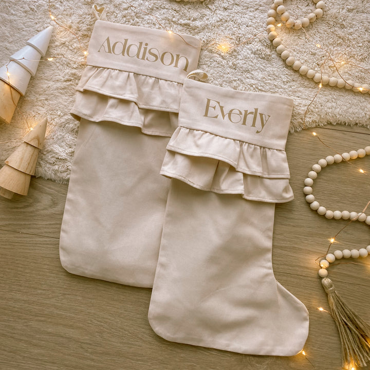 personalised frill Christmas stocking, double frill Christmas stocking, ruffle Christmas stocking, warm sand Christmas stocking, beige Christmas stocking, neutral Christmas stocking, personalised Christmas stocking, canvas Christmas stocking, cotton Christmas stocking, custom name stocking, personalised kids stocking, cottagecore Christmas decor, vintage Christmas stocking, neutral Christmas decor, Christmas keepsake, reusable Christmas stocking, Australian Christmas decor