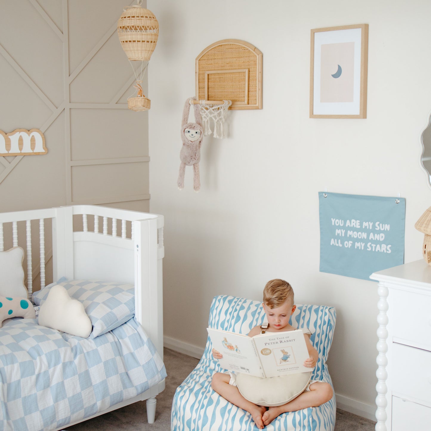 You are my sun, moon and all my stars wall banner. Boys bedroom styling. Boys bedroom wall decor. Boys bedroom wall banner. Boys bedroom inspo. Nursery decor ideas. Celestial nursery banner. Nursery wall decor. Sun moon and stars room inspo. Gender neutral bedroom decor. Space playroom decor.