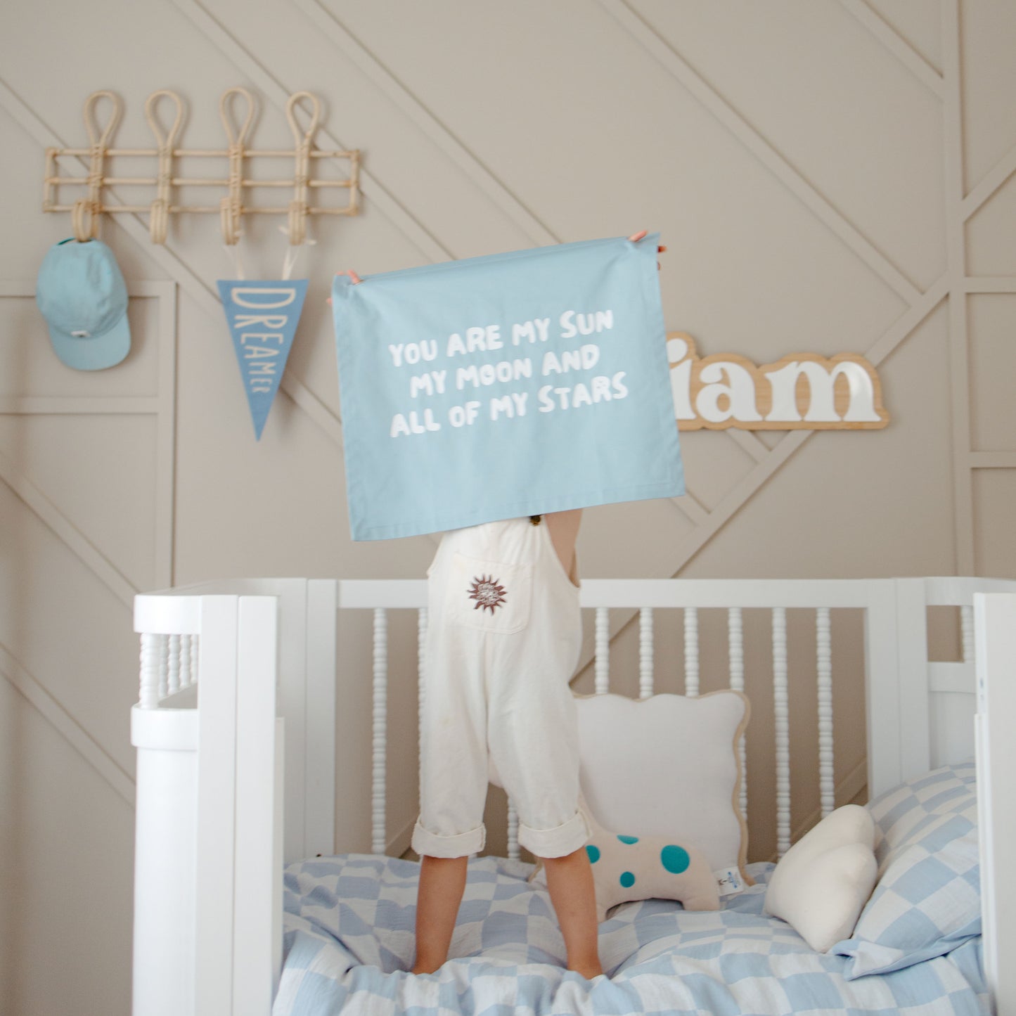 You are my sun, moon and all my stars wall banner. Boys bedroom styling. Boys bedroom wall decor. Boys bedroom wall banner. Boys bedroom inspo. Nursery decor ideas. Celestial nursery banner. Nursery wall decor. Sun moon and stars room inspo. Gender neutral bedroom decor. Space playroom decor.