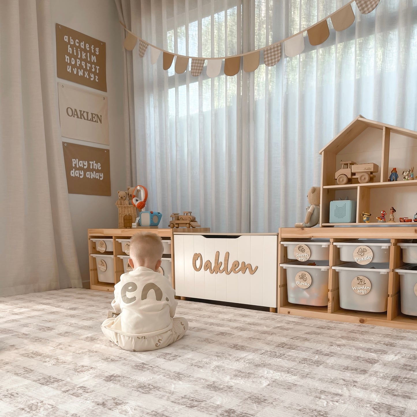 Play wall flag. Play the day away banner. Play sign. kids bedroom styling. kids play bedroom decor. Play wall banner. kids playroom inspo. kids bedroom inspo. kids bedroom ideas. Coastal kids playroom banner. kids wall banner.
