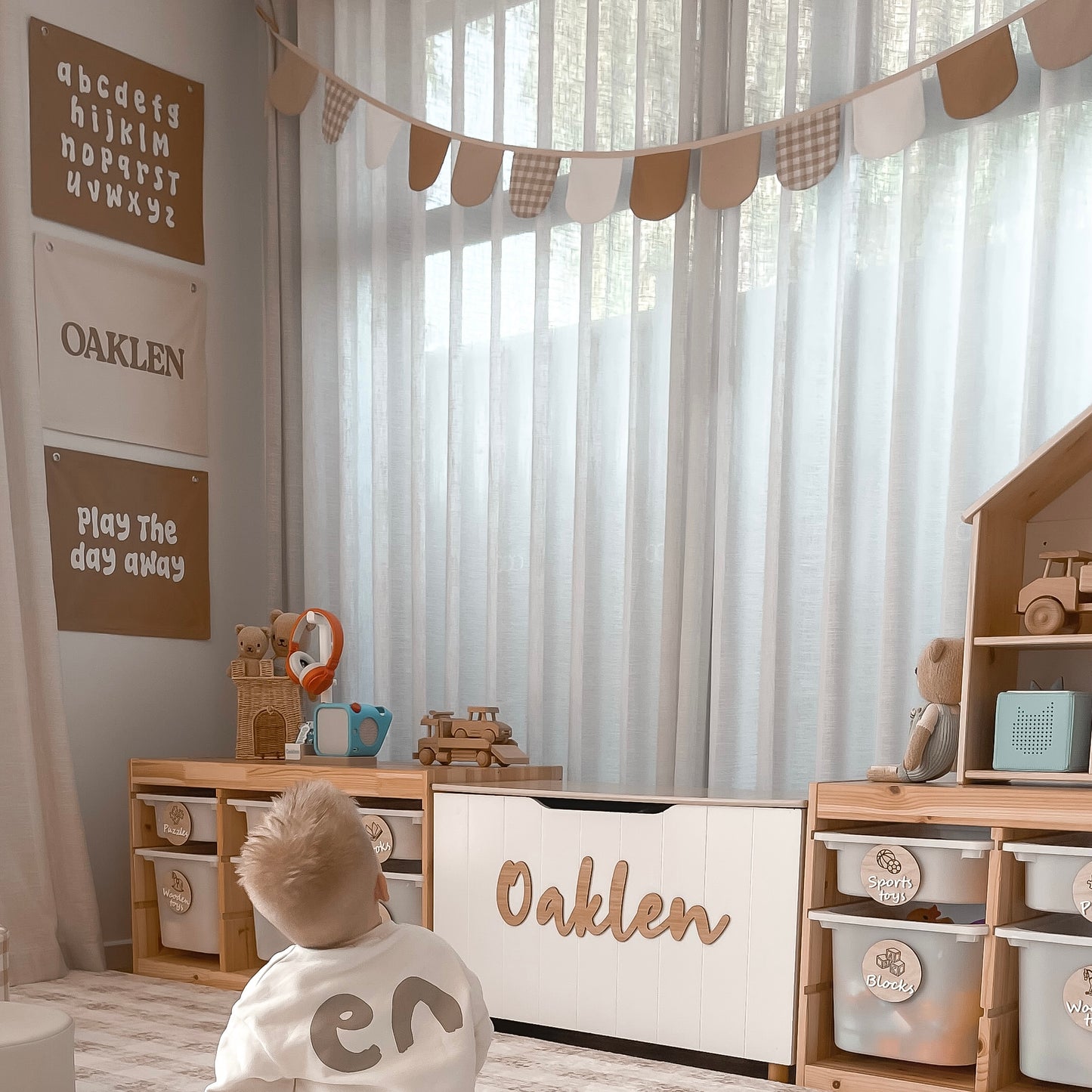Play wall flag. Play the day away banner. Play sign. kids bedroom styling. kids play bedroom decor. Play wall banner. kids playroom inspo. kids bedroom inspo. kids bedroom ideas. Coastal kids playroom banner. kids wall banner.