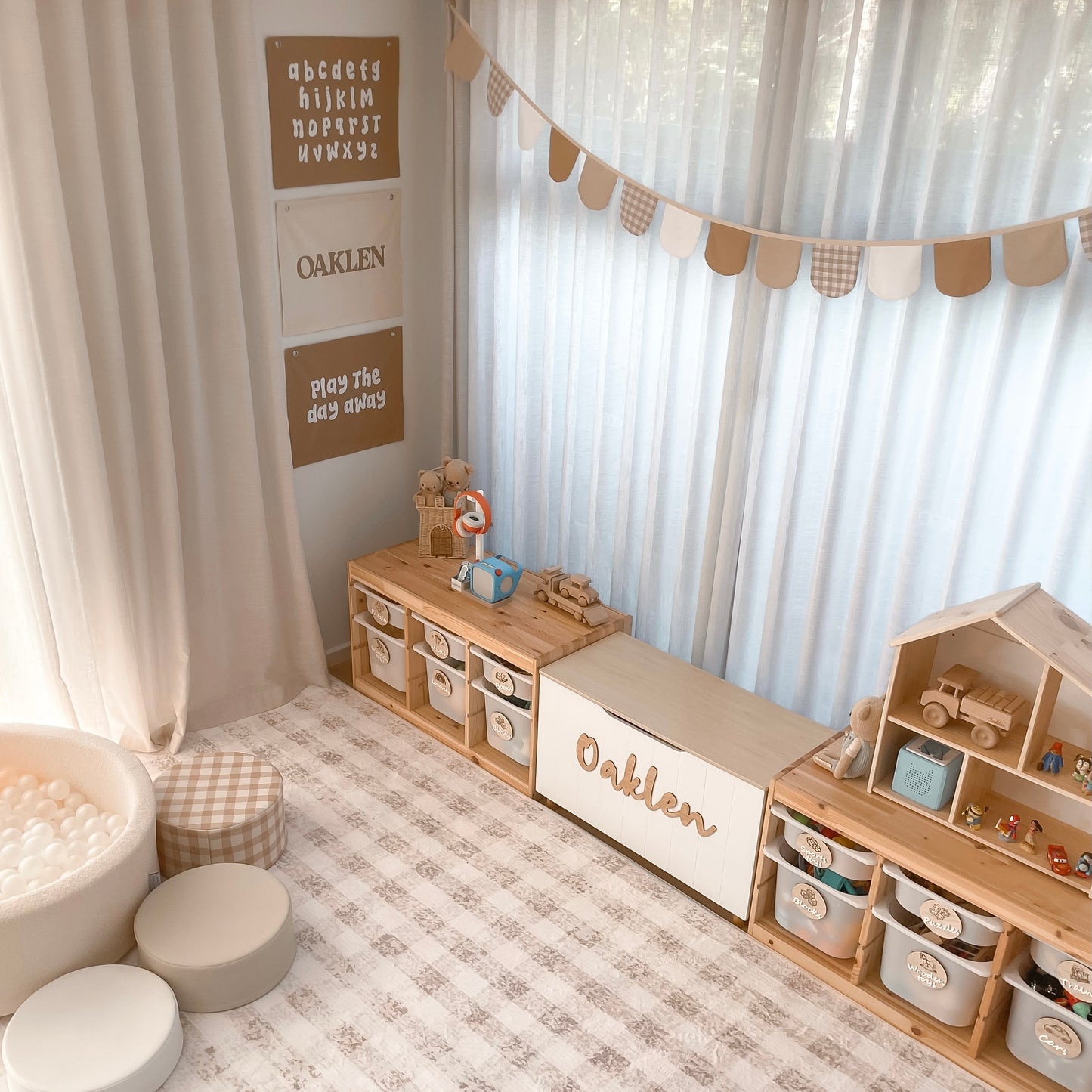 Play wall flag. Play the day away banner. Play sign. kids bedroom styling. kids play bedroom decor. Play wall banner. kids playroom inspo. kids bedroom inspo. kids bedroom ideas. Coastal kids playroom banner. kids wall banner.