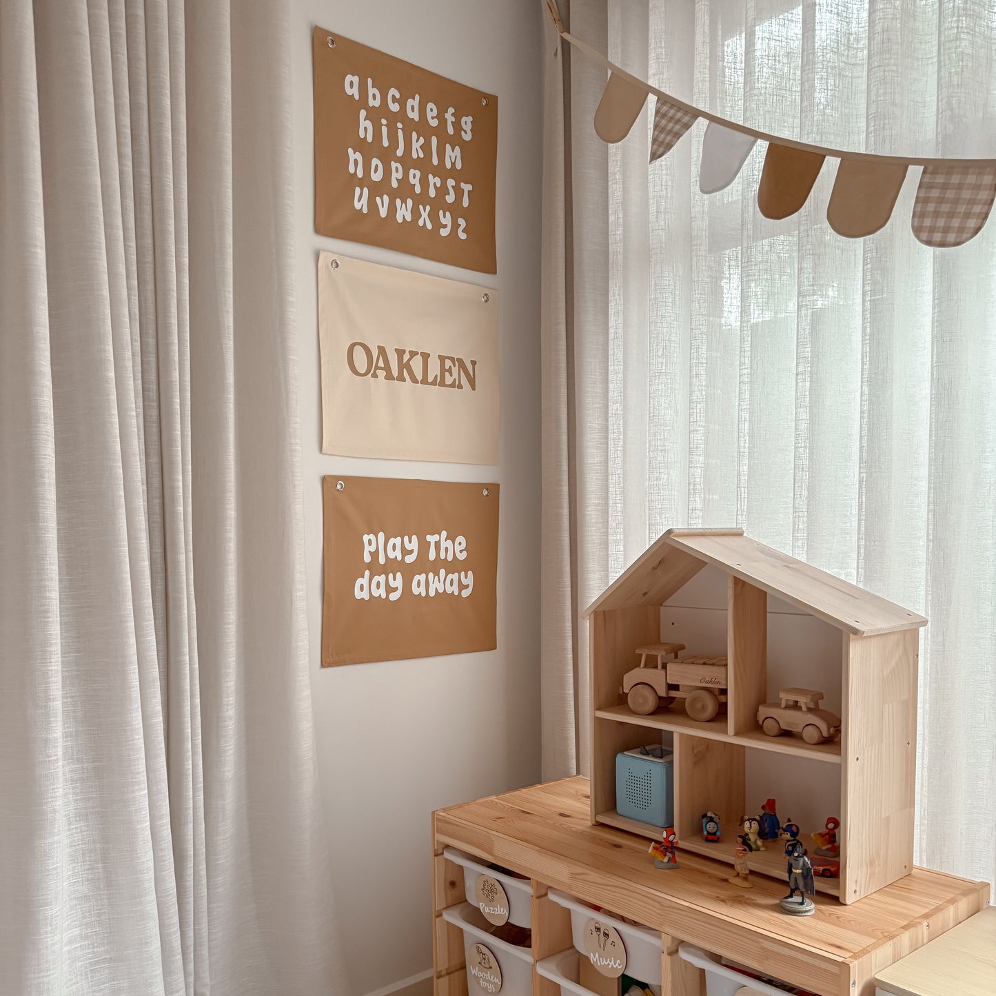 Play wall flag. Play the day away banner. Play sign. kids bedroom styling. kids play bedroom decor. Play wall banner. kids playroom inspo. kids bedroom inspo. kids bedroom ideas. Coastal kids playroom banner. kids wall banner.