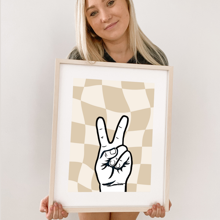 Neutral beige Checkered peace wall print. Neutral peace print. Boys cool bedroom styling. Boys surf bedroom wall decor. Boys bedroom peace print. Boys beige & tan bedroom inspo. Boys neutral bedroom decor ideas. Boys beige peace decor. Peace wall decor. Boys fun surf room inspo. 10 year old boys bedroom ideas. Shared boys bedroom decor. 12 year old boys bedroom ideas.