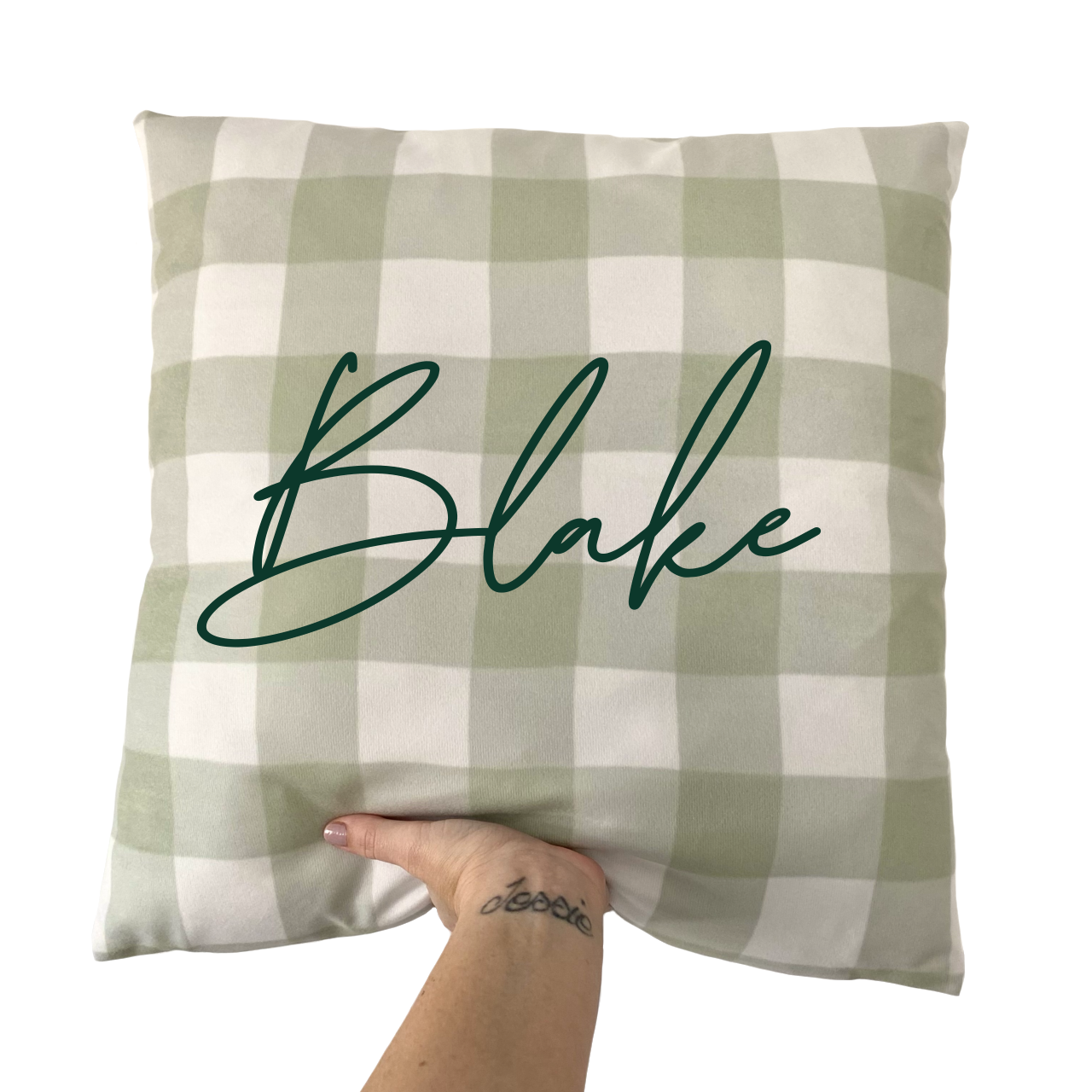 Personalised green gingham cushion cover front view
