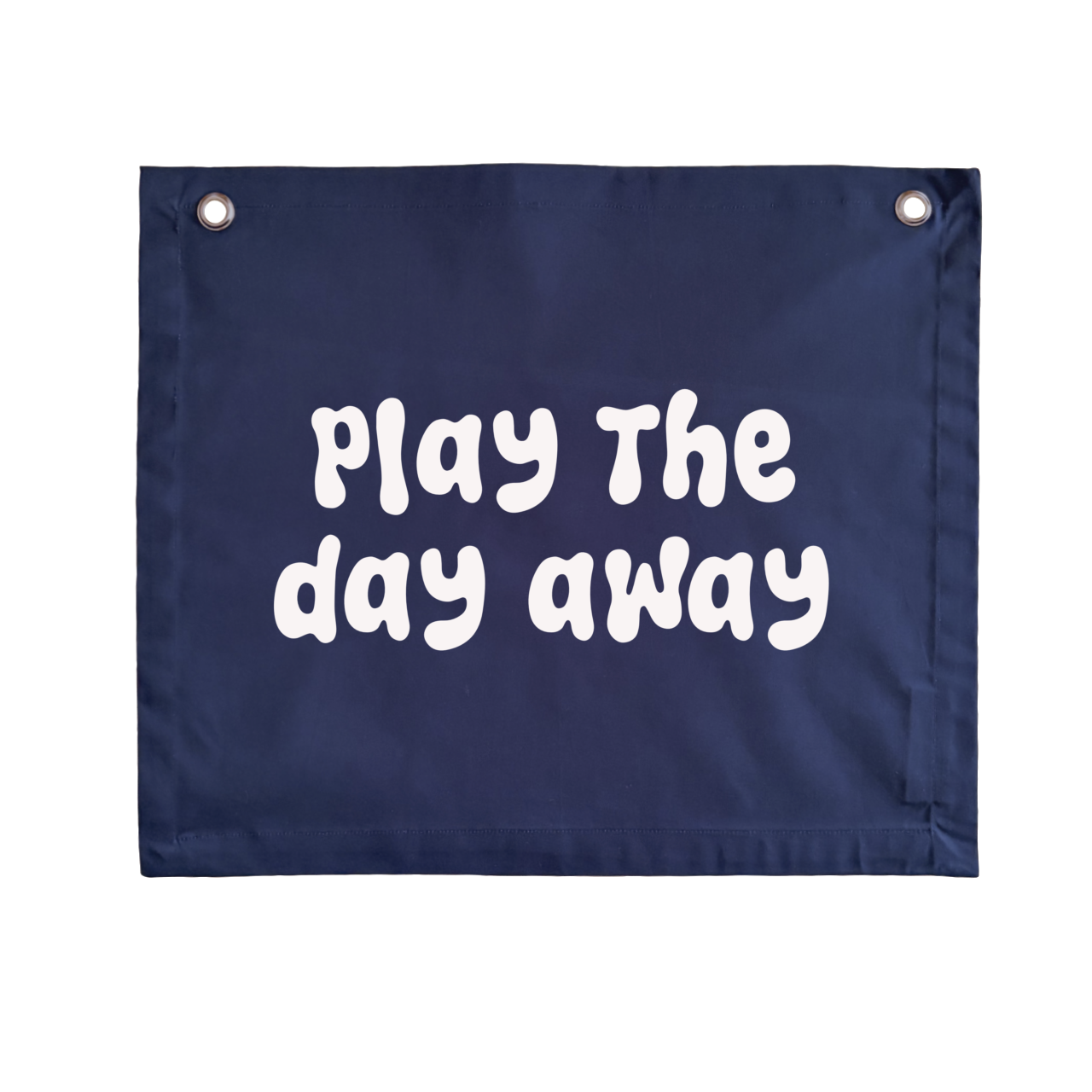 Navy blue banner with white text 'Play The day away' on a white background