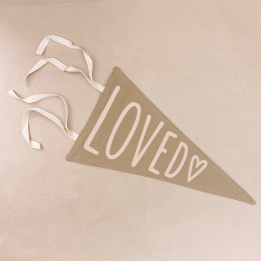 Loved pennant flag, Nursery pennant flag, Gender neutral nursery decor, Nursery wall hanging, Kids tie up pennant, Baby room decor, Neutral nursery decor, Kids bedroom wall decor, Meaningful nursery decor, Fabric wall flag, Rental friendly kids decor, Playroom wall decor, New baby gift, Baby shower gift, Australian nursery decor, Hello Saturday Kids Decor
