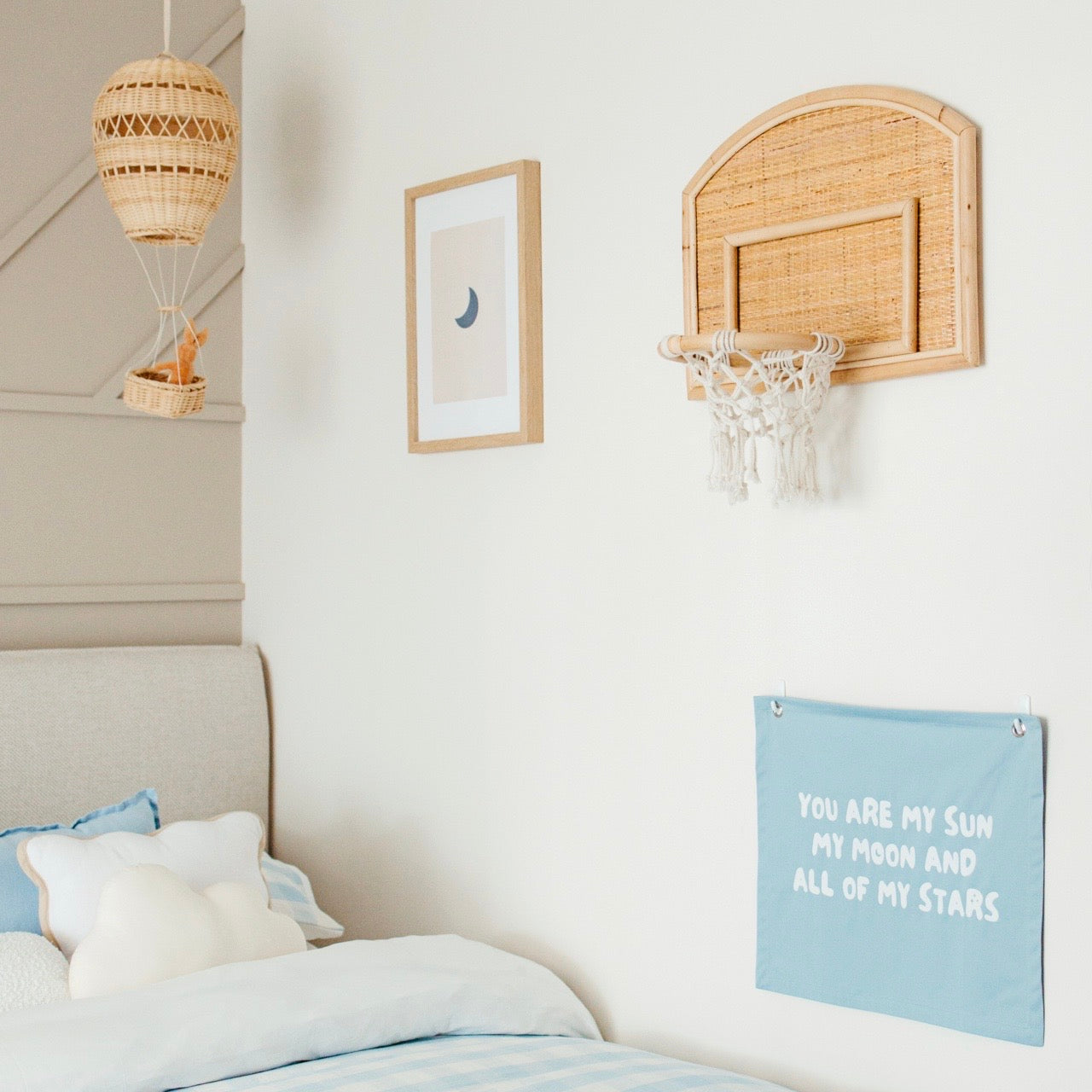 You are my sun, moon and all my stars wall banner. Boys bedroom styling. Boys bedroom wall decor. Boys bedroom wall banner. Boys bedroom inspo. Nursery decor ideas. Celestial nursery banner. Nursery wall decor. Sun moon and stars room inspo. Gender neutral bedroom decor. Space playroom decor.