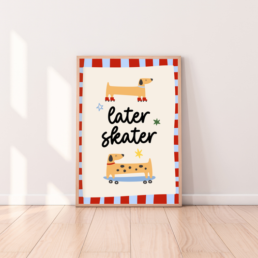 Later Skater Print, Sausage Dog Print, Dachshund Wall Art, Dachshund Kids Print, Sausage Dog Wall Art, Skateboard Dog Print, Roller Skate Dog Print, Skater Kids Print, Kids Skateboard Art, Boys Wall Art, Boys Bedroom Print, Boys Bedroom Decor, Cool Boys Decor, Cool Kids Wall Art, Kids Room Wall Art, Kids Bedroom Print, Fun Boys Wall Art, Playful Kids Decor, Colourful Boys Decor, Retro Kids Decor, Retro Boys Decor, Dog Bedroom Decor, Kids Dog Print, Animal Wall Art Kids, Kids Animal Print, Playroom Wall Art,
