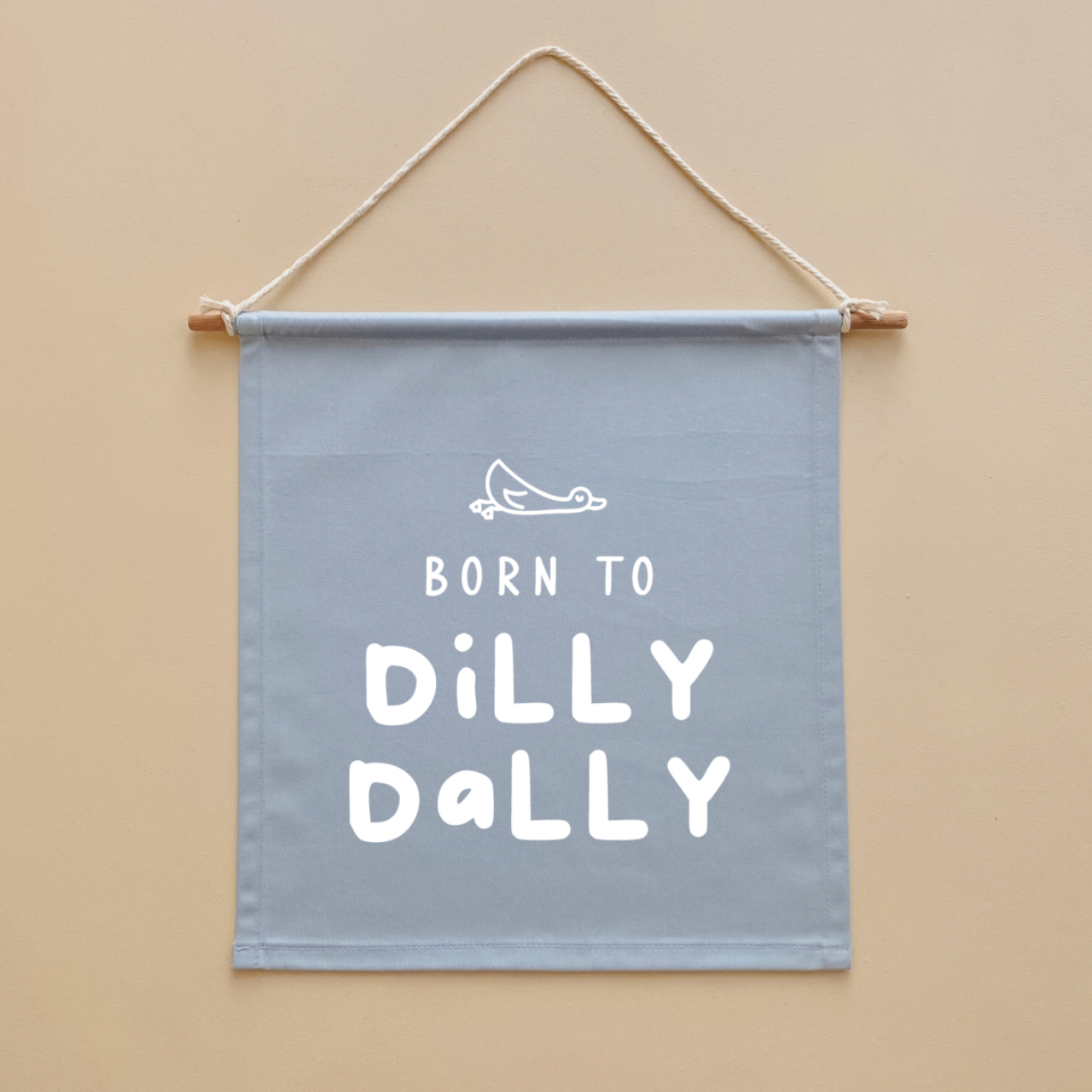 Born to dilly dally. Dilly dally nursery flag. Silly goose nursery flag. Silly goose wall flag. Silly goose bedroom wall banner. Silly goose playroom banner. Kids playroom wall flag. Nursery styling. Toddler bedroom inspo. Toddler bedroom decor ideas. Silly goose nursery decor.