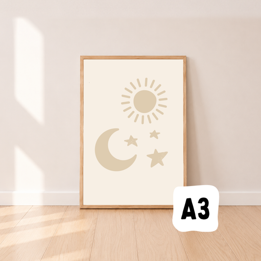 Sun, moon and stars graphics kids wall print ~ Oat ~ Sale