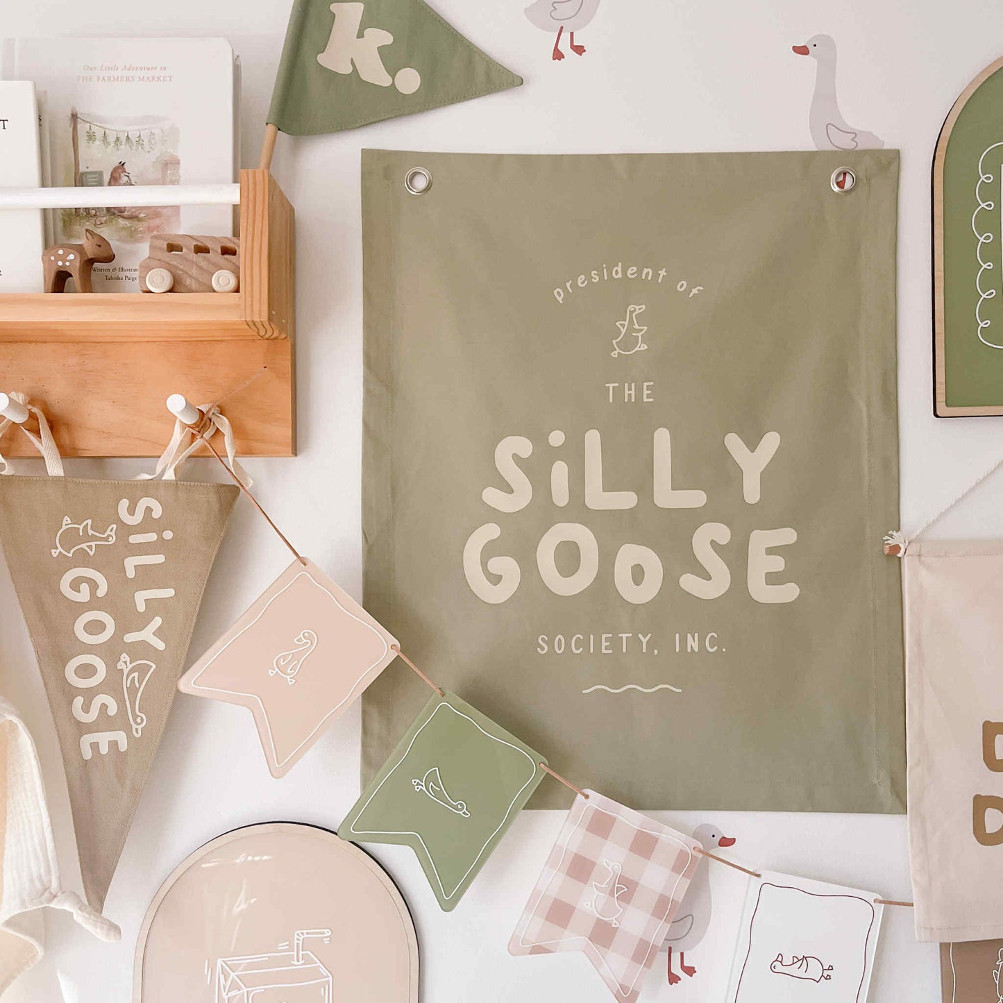 Silly goose nursery flag. Silly goose wall flag. Silly goose bedroom wall banner. Silly goose playroom banner. Kids playroom wall flag. Nursery styling. Toddler bedroom inspo. Toddler bedroom decor ideas. Silly goose nursery decor.