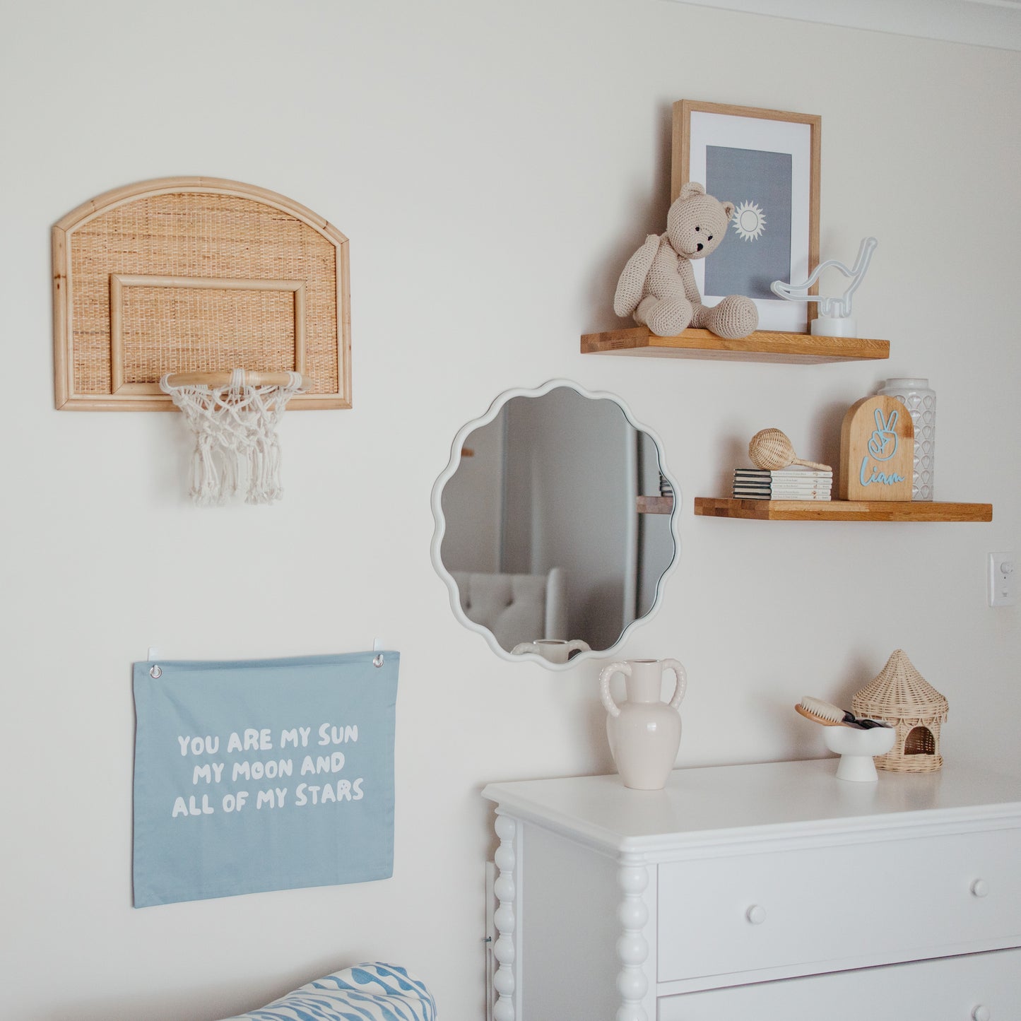 You are my sun, moon and all my stars wall banner. Boys bedroom styling. Boys bedroom wall decor. Boys bedroom wall banner. Boys bedroom inspo. Nursery decor ideas. Celestial nursery banner. Nursery wall decor. Sun moon and stars room inspo. Gender neutral bedroom decor. Space playroom decor.