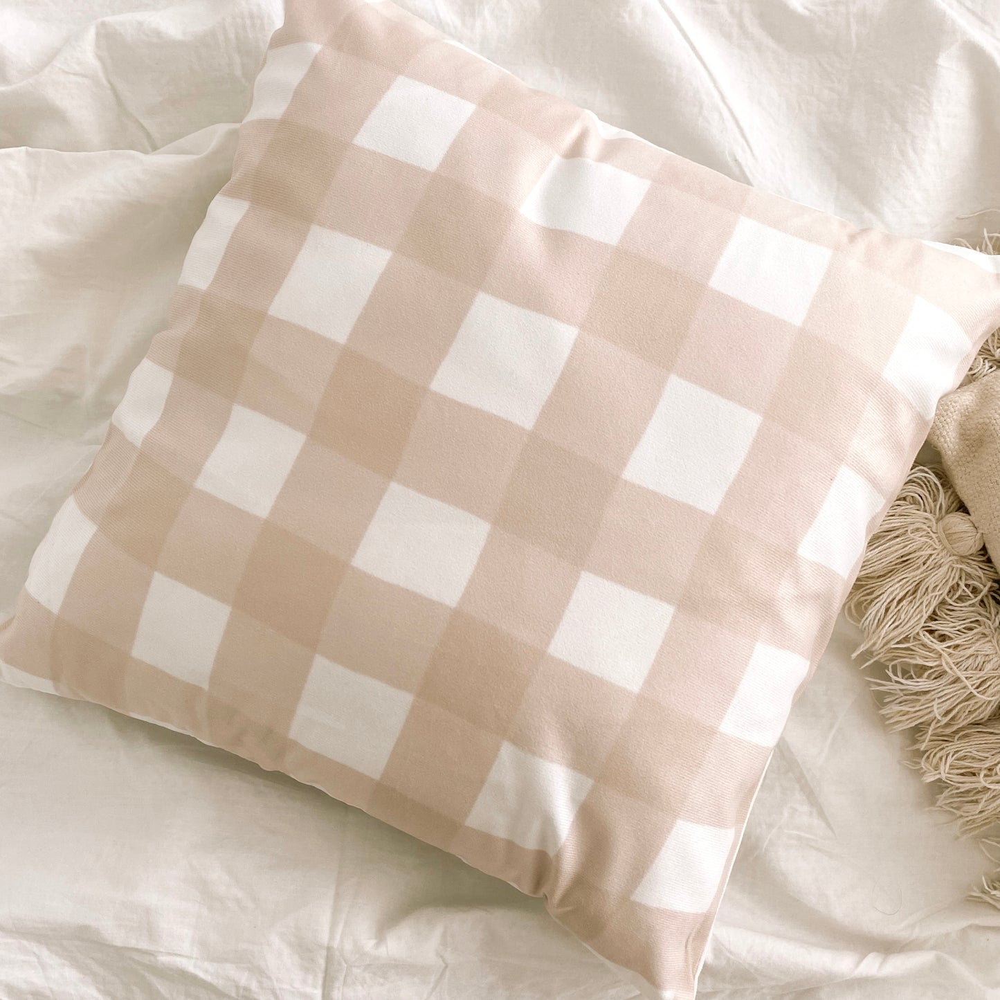 Neutral tan gingham cushion cover