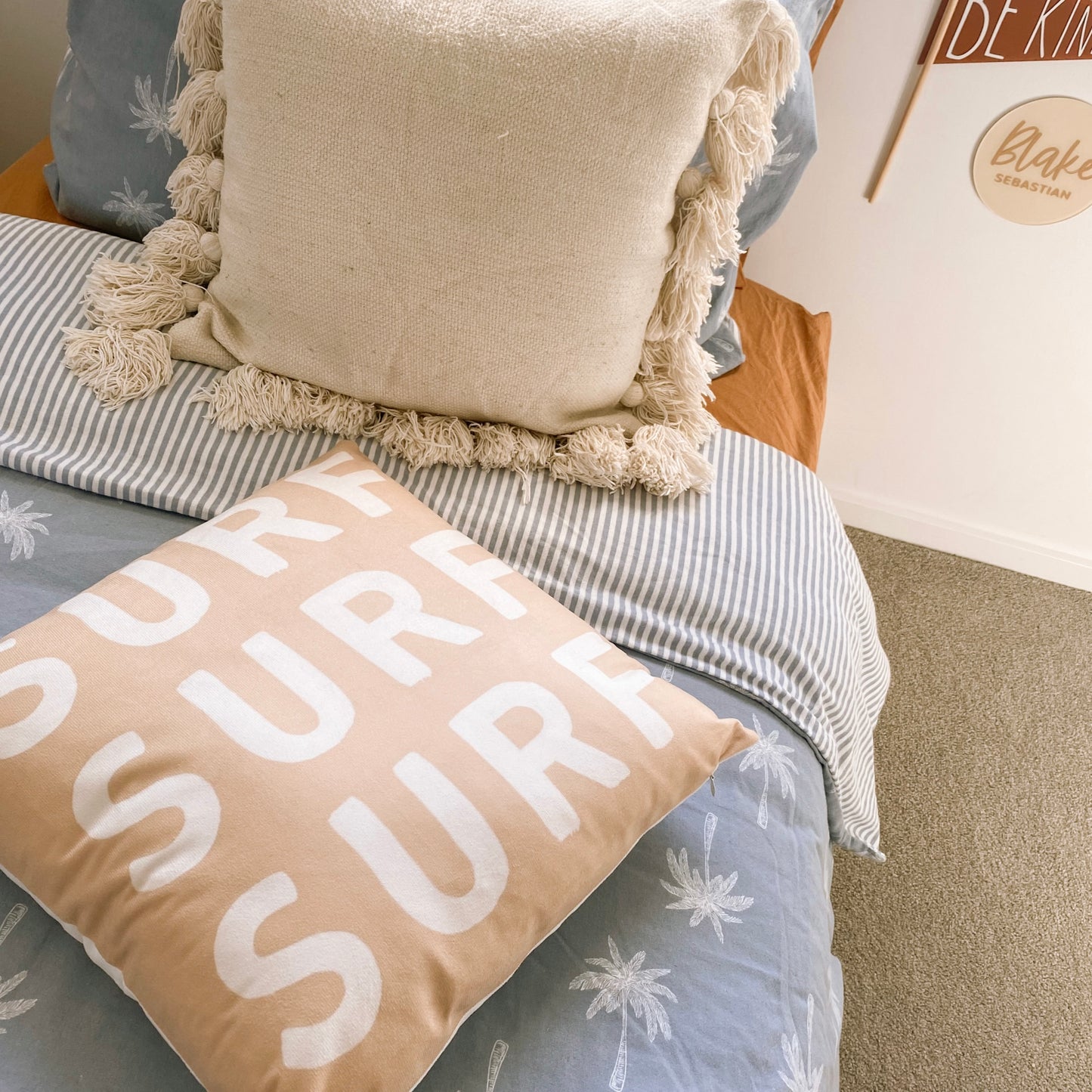 surf surf surf cushion. Coastal boys cushion. Neutral boys decor. Neutral boys bedroom inspo. Surf boys bedroom styling. Boys surf bedroom decor. Boys surf bedroom cushion. Boys surf room inspo. Beach boys bedroom inspo. Beach boys bedroom ideas.