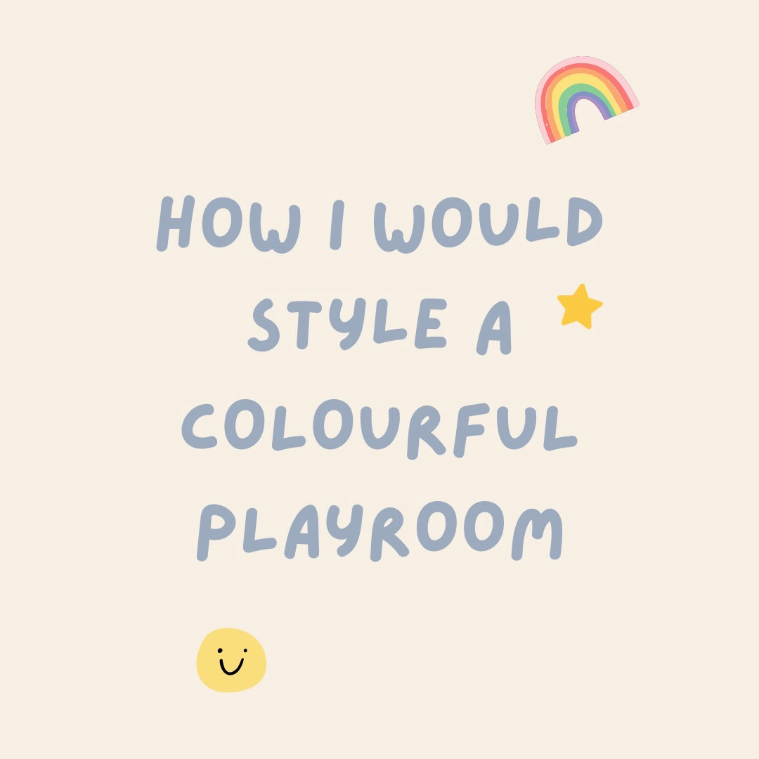     Dopamine decor playroom mood board featuring colourful kids decor, playful wall art, bright rugs, storage and fun playroom styling ideas