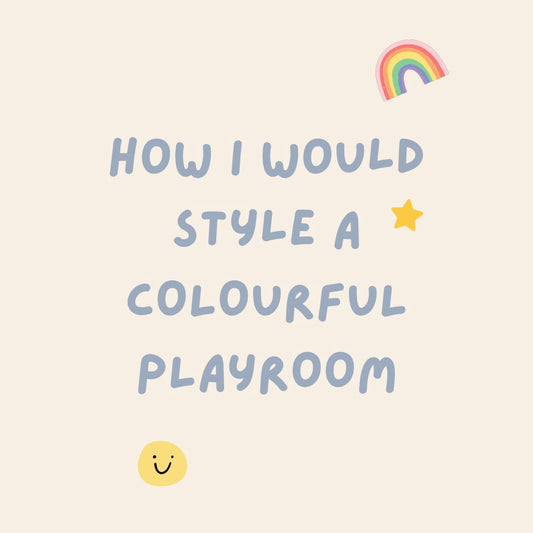     Dopamine decor playroom mood board featuring colourful kids decor, playful wall art, bright rugs, storage and fun playroom styling ideas