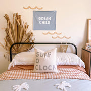 Surf boys bedroom cushion slip. Surf cushion cover. Boys surf themed cushion. Velour boys cushion cover. Coastal boys cushion. Coastal boys pillow. Coastal cushion cover. Beach boys bedding. Beach theme boys cushion. Beach cushion cover. Boys coastal bedroom decor. Boys beach throw cushion. Boys surf throw pillow. surf o clock cushion.