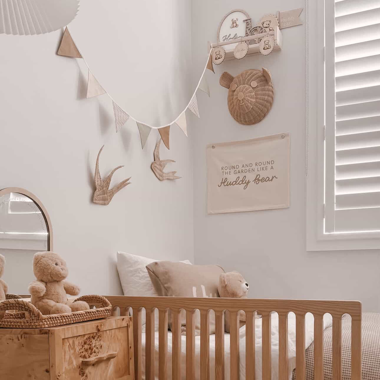 Vintage triangle bunting. Boys nursery decor. Neutral boys bedroom styling. Green and beige bunting flags. Gingham nursery bunting. Retro boys room decor. Earthy nursery wall decor. Kids rental friendly decor. Classic boys nursery inspo. Timeless kids room bunting.