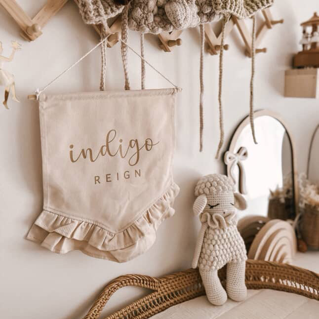Personalised name frill hanging banner ~ Warm sand