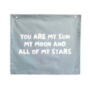 You are my sun, moon and all my stars wall banner. Boys bedroom styling. Boys bedroom wall decor. Boys bedroom wall banner. Boys bedroom inspo. Nursery decor ideas. Celestial nursery banner. Nursery wall decor. Sun moon and stars room inspo. Gender neutral bedroom decor. Space playroom decor.