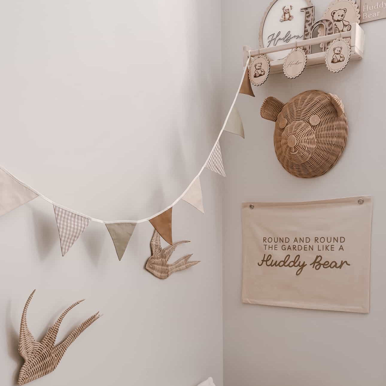 Vintage triangle bunting. Boys nursery decor. Neutral boys bedroom styling. Green and beige bunting flags. Gingham nursery bunting. Retro boys room decor. Earthy nursery wall decor. Kids rental friendly decor. Classic boys nursery inspo. Timeless kids room bunting.