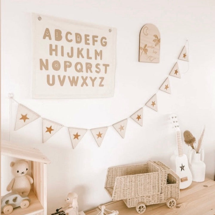 Gender neutral kids room. Gender neutral nursery decor. Neutral Beige Alphabet kids banner. Boys abc banner. Boys alphabet wall banner. Surf boys bedroom styling. Boys surf bedroom decor. Boys surf bedroom wall banner. Boys surf room inspo. Beach boys bedroom inspo. Beach boys bedroom ideas. Coastal boys bedroom inspo. ABC wall banner. Neutral boys bedroom decor.