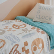 Easy Days plush blanket. Boys coastal blanket. Surf kids blanket. Boys bedroom decor. Coastal boys bedroom styling. Kids surf bedroom decor. Beachy boys room. Boys reading nook decor. Plush kids throw blanket. Boys bedding Australia. Coastal kids decor. Boys snuggle blanket. Rental friendly kids decor. Boys room inspo. Surfy bedroom styling.