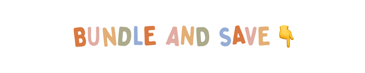 The text 'BUNDLE AND SAVE' is displayed in a playful, multicolored retro font on a solid white background, accompanied by a small yellow thumbs-up emoji pointing down.